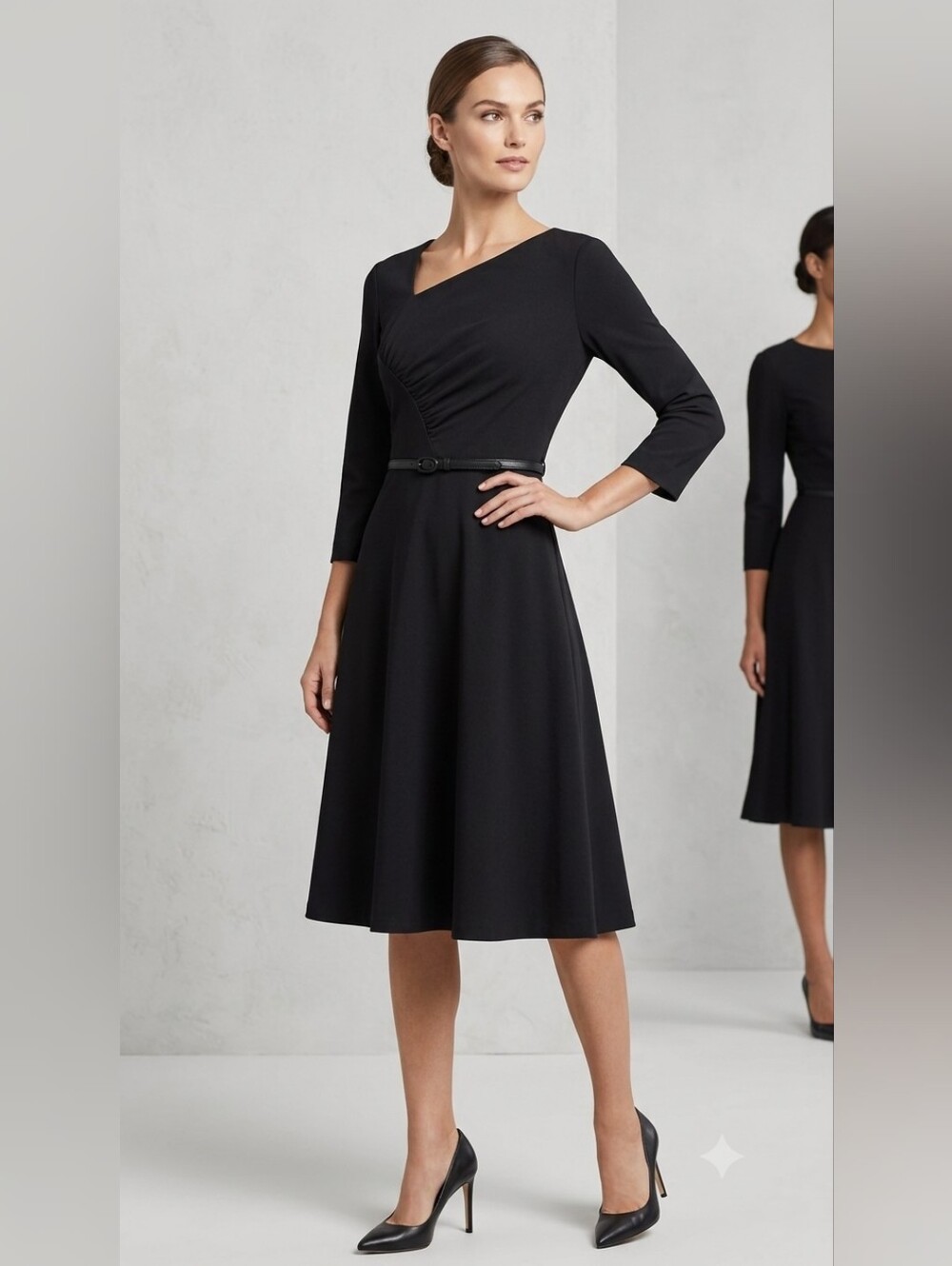 Calvin Klein Black Asymmetric Ruched Midi Dress with Belt Size 10